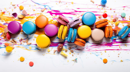 Colorful macaroons on a white background. Top view.の素材