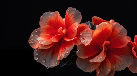 Close up of red hibiscus flower with water drops on black backgroundの素材