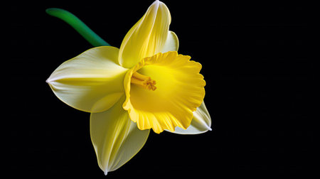 Yellow daffodil isolated on black background. Studio photography.の素材