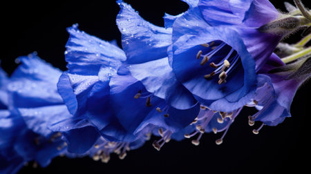 Beautiful blue flowers on a black background close-up macro photographyの素材