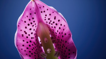 Close up of a pink lily flower against a blue background.の素材