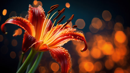 Beautiful orange lily flower on dark background with bokehの素材