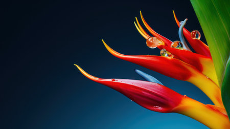 Close up of Heliconia flower with water drops on blue backgroundの素材