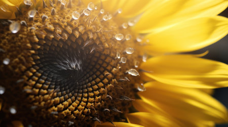 Close up of sunflower with water droplets on petals.の素材