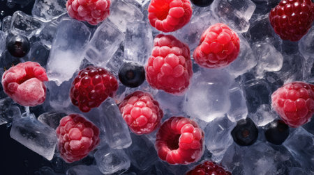 Frozen raspberries and blueberries in ice cubes on black backgroundの素材