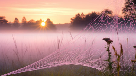Cobwebs on a foggy meadow at sunrise.の素材
