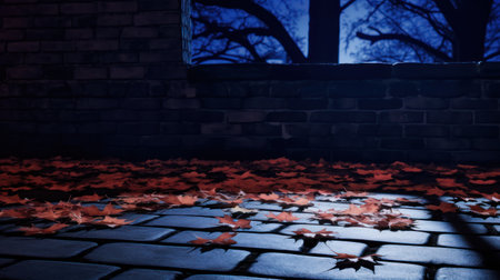 Autumn leaves on the ground in front of the window at nightの素材