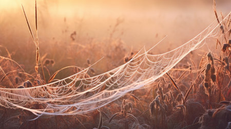 cobwebs in the frost on the meadow at sunriseの素材