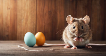 Funny pet rat and easter eggs on wooden background, closeupの素材