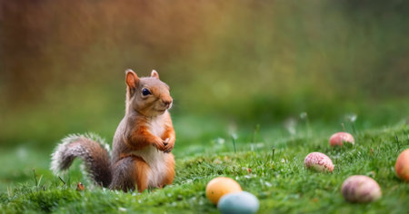 Easter egg hunt with cute red squirrel sitting on green grass and looking at colorful eggsの素材