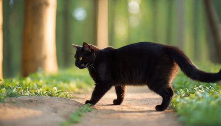 Black cat walking on the path in the park. Shallow depth of fieldの素材
