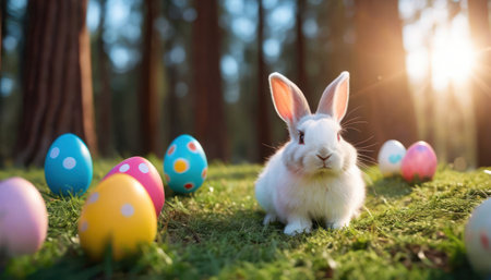 Easter bunny and colorful eggs on green grass in the forest.の素材