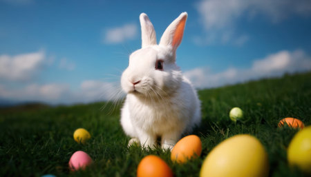 Easter bunny and easter eggs on green grass with blue skyの素材