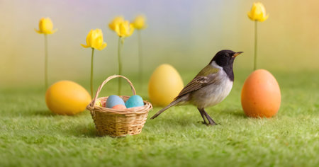 Easter eggs and bird on green grass with yellow tulips backgroundの素材