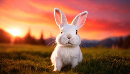 Cute white rabbit on green grass at sunset. Easter concept.の素材