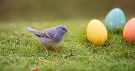 Easter bunny with colorful eggs on green grass in the park.の素材