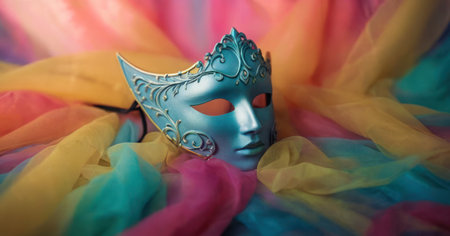 Blue Venetian mask on a colorful background, close-upの素材