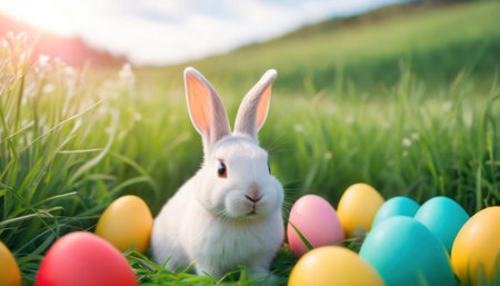 Easter bunny and easter eggs in green grass on nature backgroundの素材