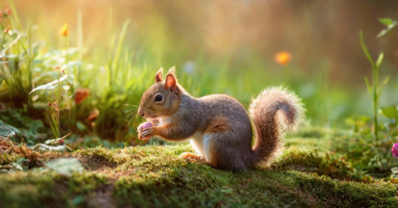 Squirrel eating a nut in the forest on a sunny day.の素材