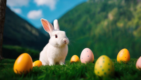 Rabbit and easter eggs on green grass with mountain background.の素材