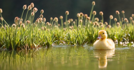 Duckling swimming in a pond with flowers in the background.の素材