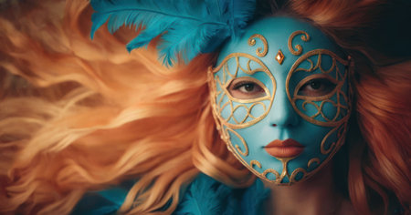 Portrait of beautiful woman with blue carnival mask. Beauty, fashion.の素材