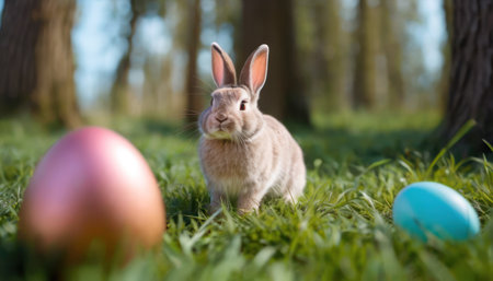 Cute Easter bunny with easter eggs on green grass in a parkの素材