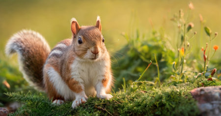 Squirrel sitting on a green meadow in the sun, close upの素材