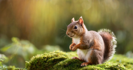 Red squirrel sitting on a mossy rock in the forest with copy spaceの素材