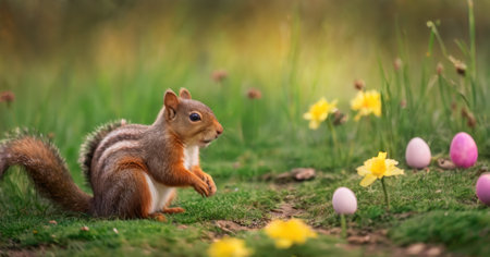 Easter background with a cute red squirrel sitting on the grass and looking for easter eggsの素材