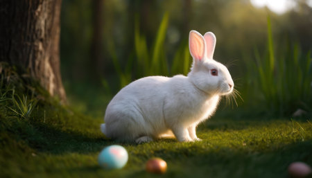 Cute white rabbit with easter eggs on green grass background.の素材