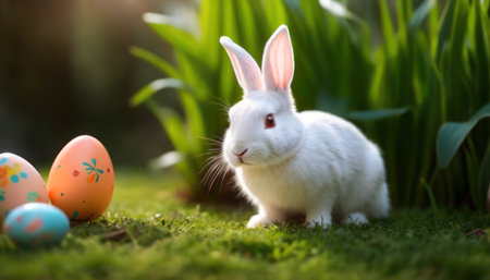 Cute white rabbit and easter eggs on green grass in gardenの素材