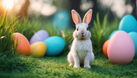 Cute rabbit and easter eggs on green grass in the gardenの素材