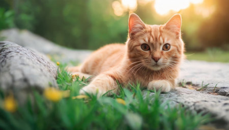 Cute ginger cat lying on the grass and looking at the camera.の素材