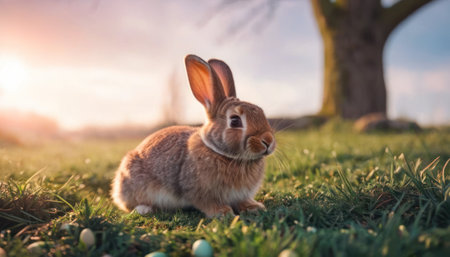 Cute little rabbit sitting on the grass with easter eggs.の素材