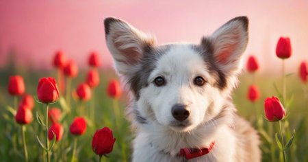 Portrait of a beautiful dog in a field of red tulipsの素材