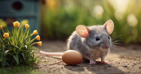 Cute little mouse with easter eggs in the garden, easter conceptの素材