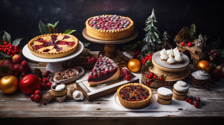 Traditional Christmas fruit pie with berries and meringues on wooden backgroundの素材