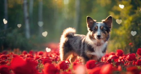 blue merle Australian shepherd dog runs on a field of red poppies in the form of heartsの素材