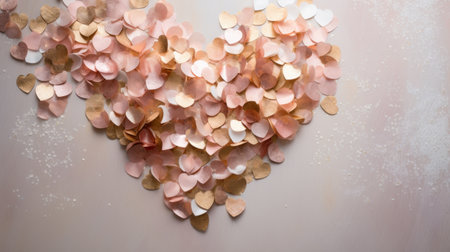Heart-shaped confetti for Valentine's Day on a pink backgroundの素材