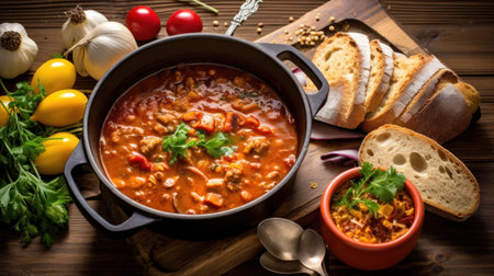 chicken goulash with vegetables and bread on a wooden tableの素材