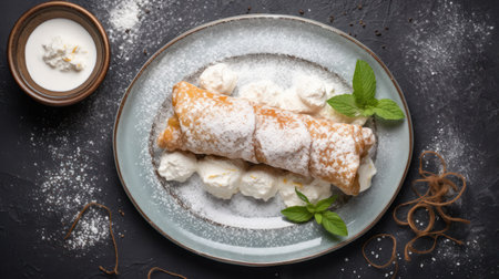 Homemade strudel with ice cream and mint on a dark backgroundの素材