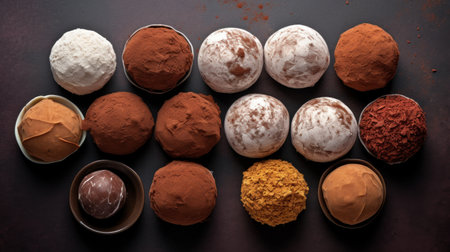 Chocolate truffles, cocoa powder and cocoa powder on dark backgroundの素材