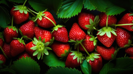 Strawberries with leaves on a dark background. Top view.の素材