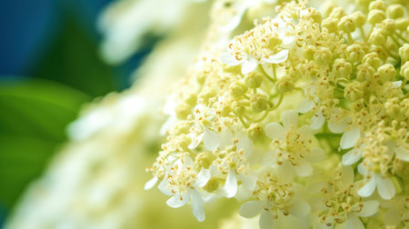 Close up of white hydrangea flowers with green leaves on blue backgroundの素材