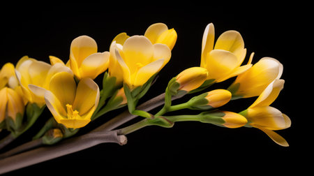 Yellow freesia flowers on black background. Studio shot. Isolated.の素材