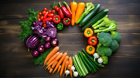 Fresh vegetables on wooden background. Healthy food concept. Top view.の素材