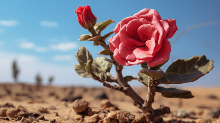 Red rose in the desert on a background of blue sky with cloudsの素材