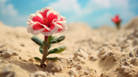 Red and white flower on the sand with blue sky and clouds background