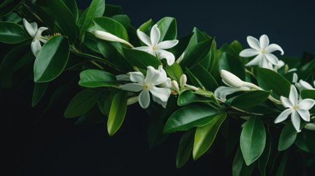 Beautiful white jasmine flowers on dark background. Selective focus.の素材